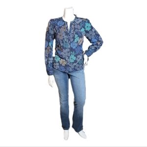 A NEW DAY Womens SIZE XL Blue Falling Flowers Long Sleeve Button Up Vneck Top